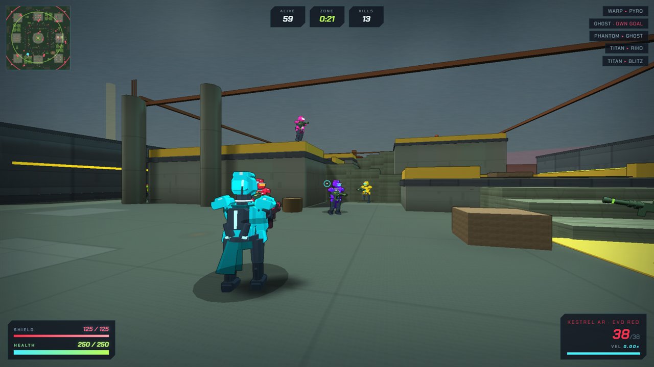 Third-person combat in a free online multiplayer browser shooter — THE GRID map at volt dusk
